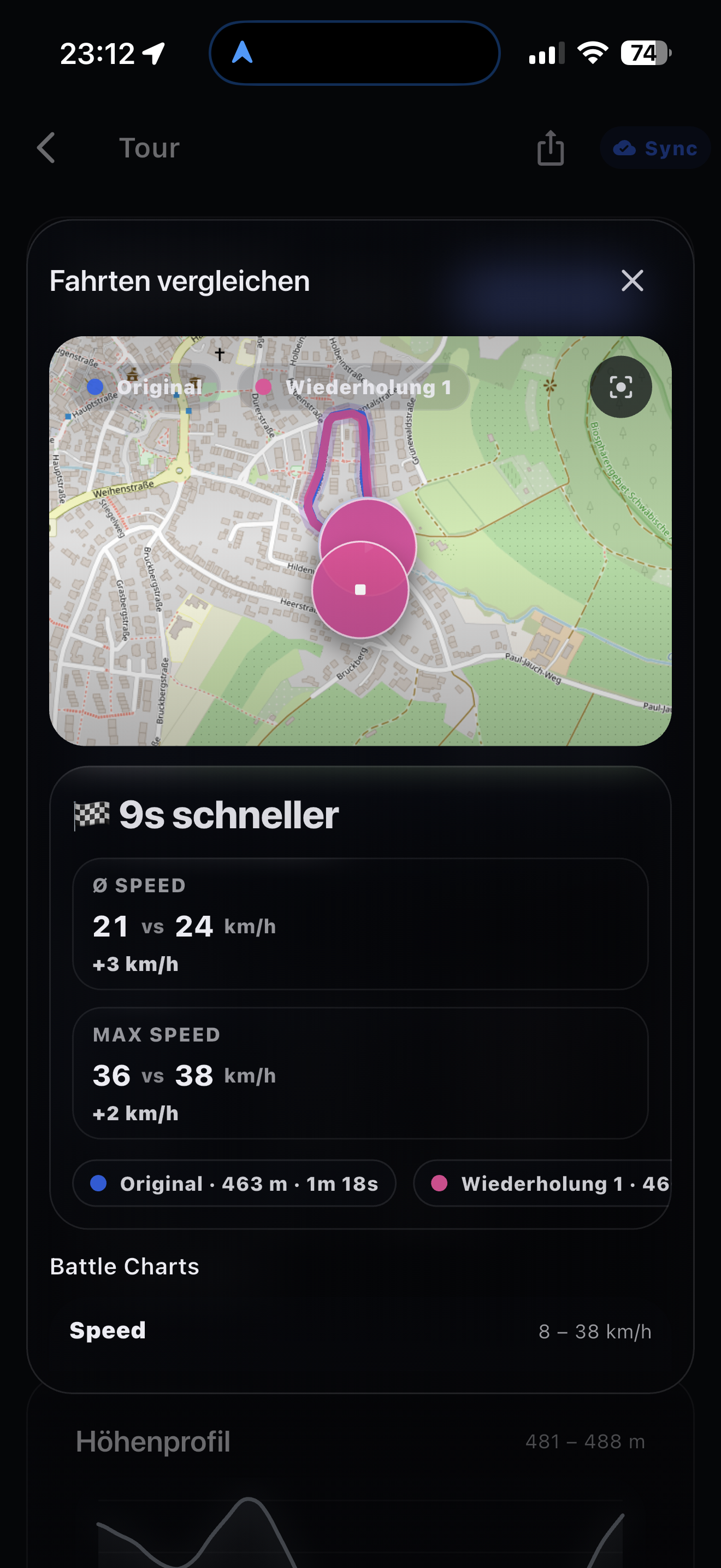 Fahrten vergleichen mit Karte und Speed
