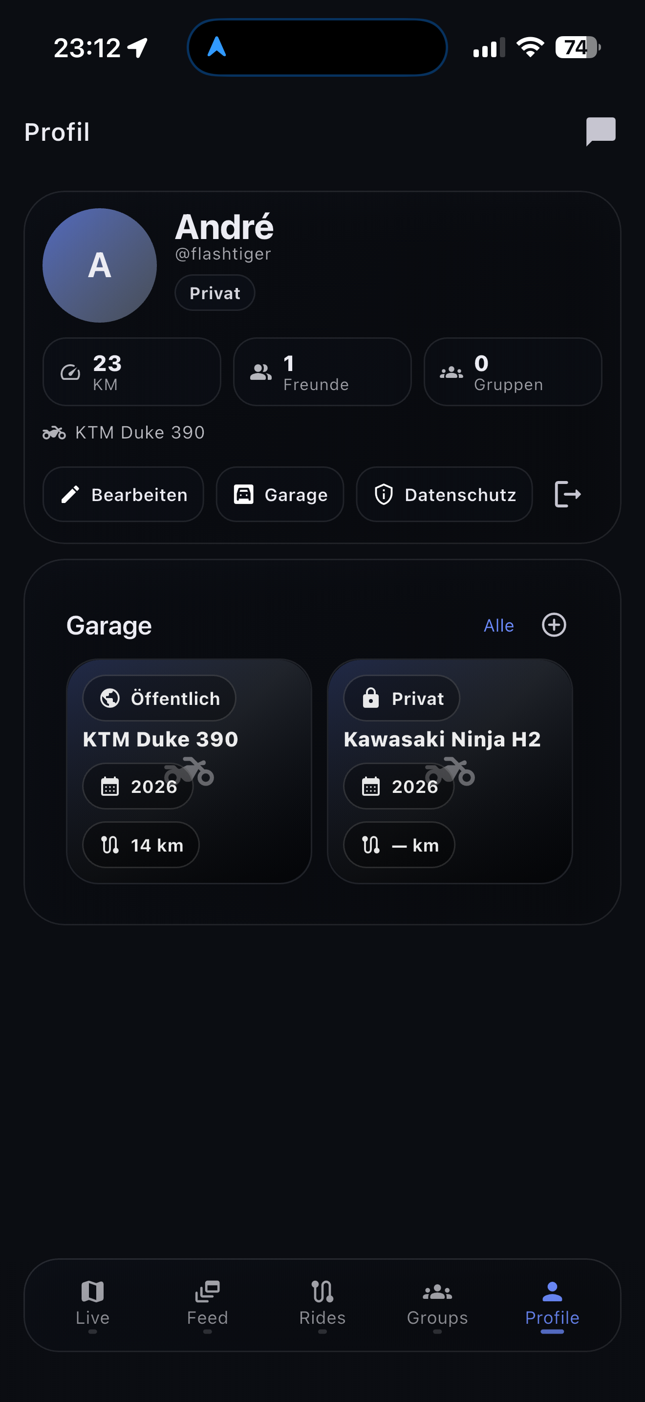 Profil: Garage, Stats und Privatsphäre